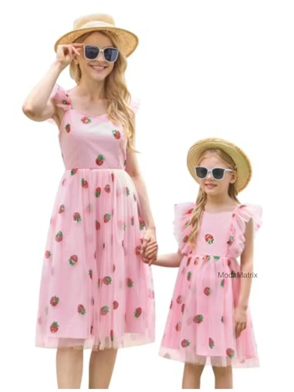 Girls Strawberry Sequined Tulle A-Line Dress Flutter Sleeve Bow Back